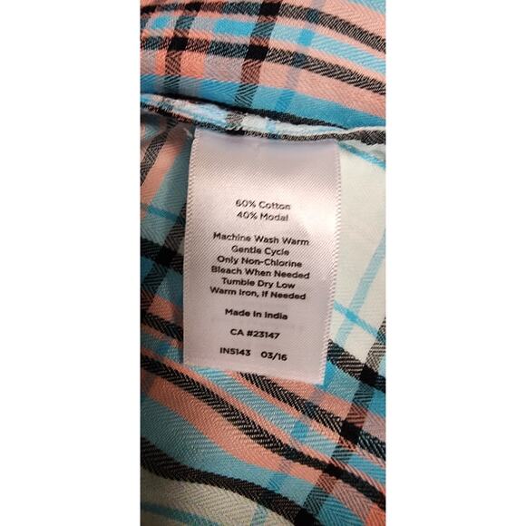 Talbots Plaid Blue/Peach Roll-Tab Sleeve Button Down Shirt Size LP - Picture 8 of 8